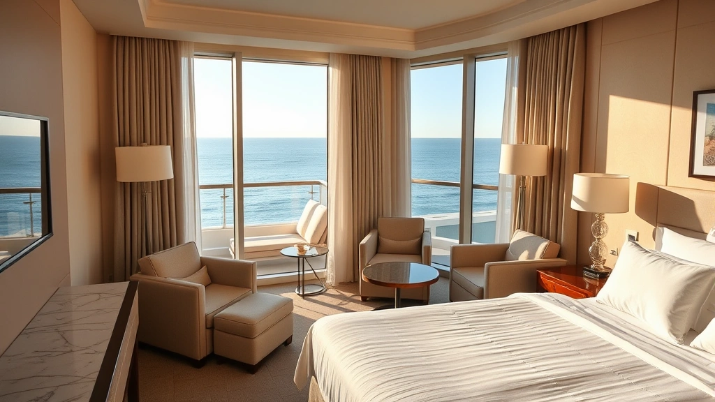 Elegant hotel room interior with contemporary furnishings, ocean-view windows, comfortable bed with white linens, marble bathroom visible, warm neutral color palette, luxury accommodation