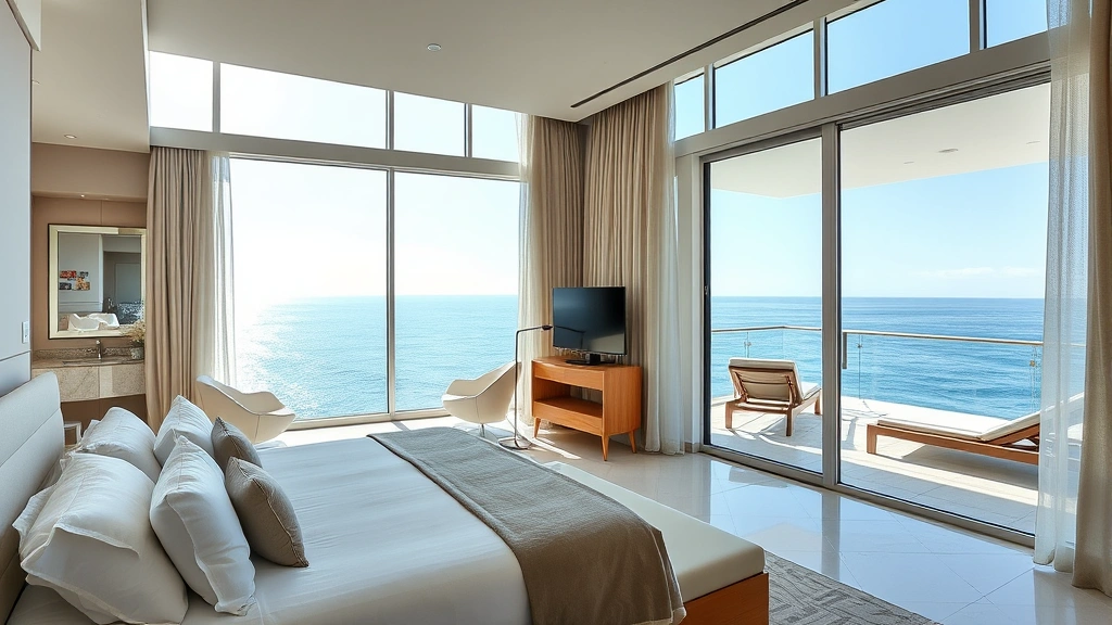 Modern luxury hotel bedroom with floor-to-ceiling windows overlooking the Adriatic Sea, contemporary furnishings, plush bedding, marble bathroom visible, sea view balcony with lounge chairs, bright Mediterranean daylight