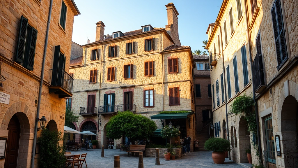 Historic stone hotel building integrated into old European coastal town architecture, narrow pedestrian streets, Mediterranean vegetation, authentic traditional design, golden afternoon sunlight
