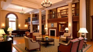 Elegant hotel lobby in Staunton Virginia featuring historic architecture, warm lighting, comfortable seating areas, and refined décor creating welcoming upscale atmosphere