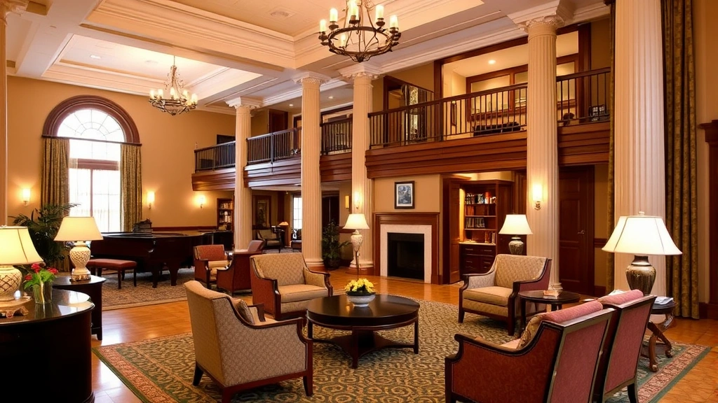 Elegant hotel lobby in Staunton Virginia featuring historic architecture, warm lighting, comfortable seating areas, and refined décor creating welcoming upscale atmosphere