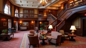 Elegant historic hotel lobby in Staunton Virginia with period furnishings, grand staircase, soft warm lighting, Victorian architecture details, comfortable seating areas, no visible text or signage