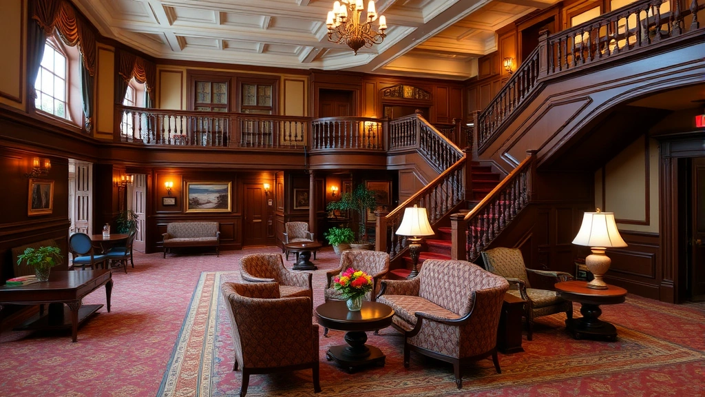 Elegant historic hotel lobby in Staunton Virginia with period furnishings, grand staircase, soft warm lighting, Victorian architecture details, comfortable seating areas, no visible text or signage