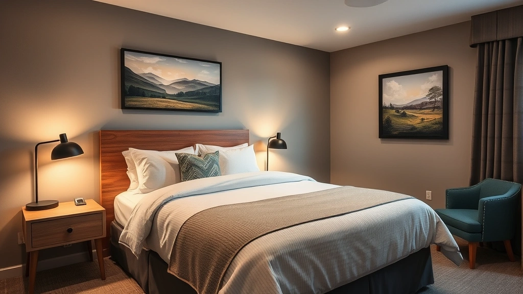 Cozy modern hotel room with warm lighting, comfortable bed with quality linens, and tasteful local artwork on walls, Shenandoah Valley style interior design