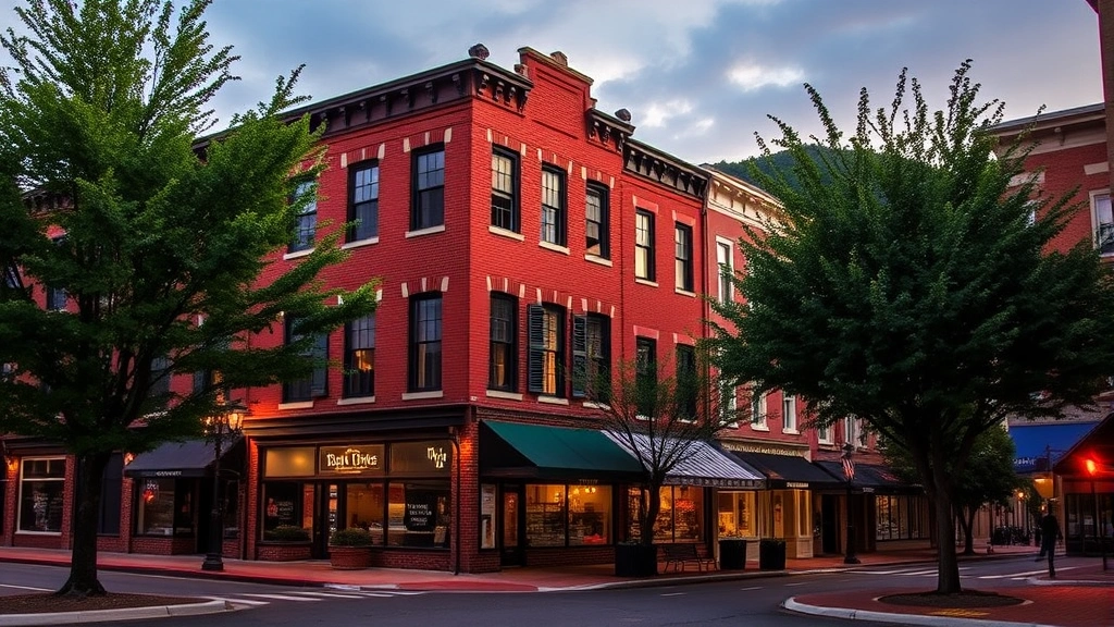 Historic brick buildings with colonial architecture converted into boutique hotel storefronts, tree-lined downtown street, warm evening lighting, Shenandoah Valley setting