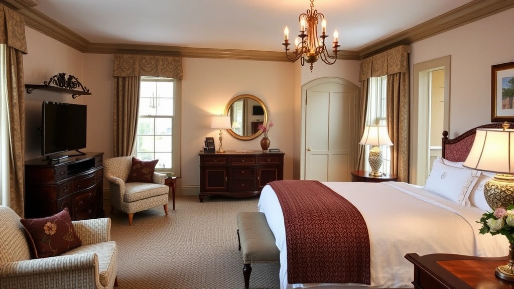 Luxury hotel suite in Staunton Virginia with elegant period furnishings, modern amenities, and warm lighting creating an inviting upscale bedroom space
