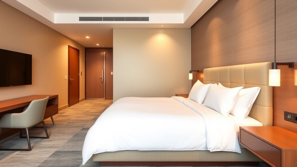 Modern hotel suite bedroom with comfortable king bed, warm lighting, contemporary furniture, clean lines, hospitality setting, empty room without people or identifying information