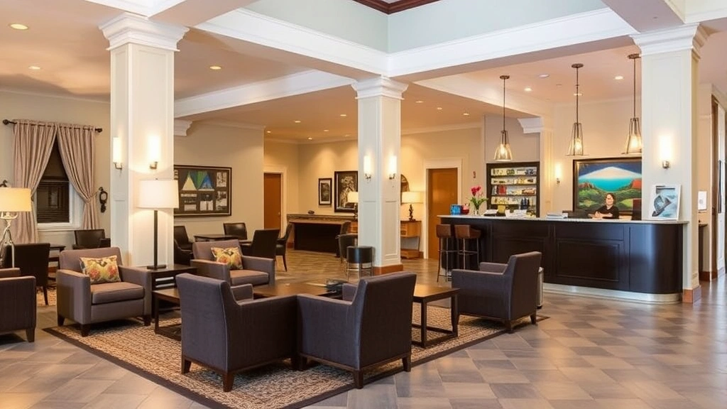 Contemporary hotel lobby with comfortable seating areas, local crafts and art displays, welcoming front desk, and warm ambient lighting in historic building setting