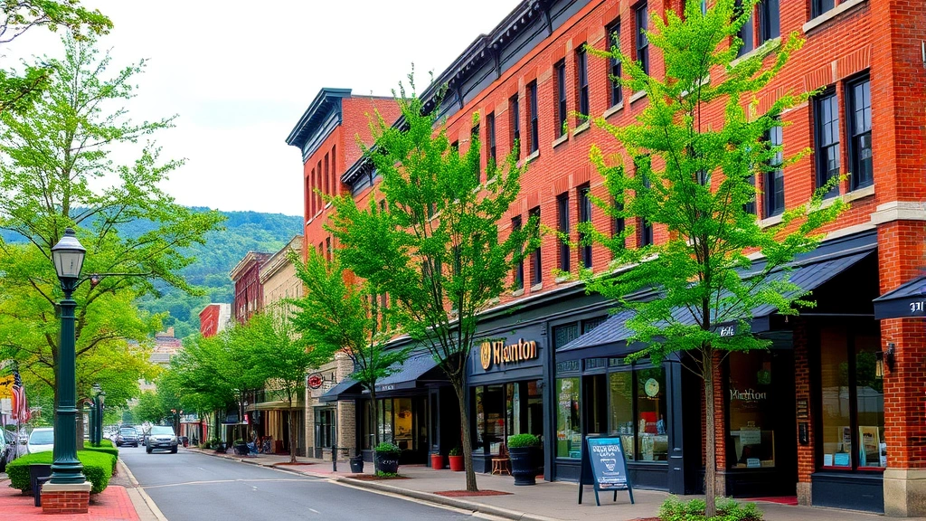 Staunton Virginia downtown street view with historic brick buildings and storefronts, peaceful tree-lined sidewalk with charming architecture