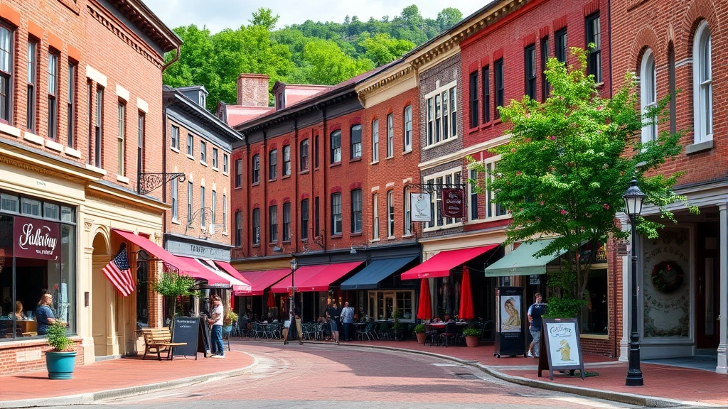 Charming downtown Staunton Virginia street lined with historic brick buildings, shops, restaurants, and cultural venues creating a vibrant walkable community atmosphere