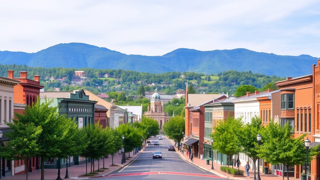 Scenic view of Staunton Virginia downtown historic district with charming buildings, tree-lined streets, pedestrian areas, mountain backdrop, daytime natural lighting, no addresses or business signs visible