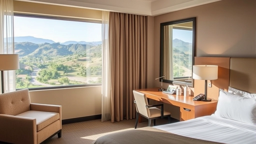 Peaceful hotel room featuring windows with valley views, comfortable lounge chair, modern amenities on desk, and neutral earth-tone décor reflecting regional aesthetic