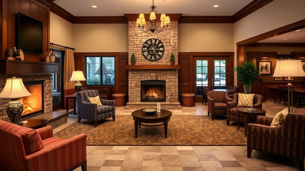 Cozy hotel lobby interior with fireplace, comfortable seating areas, warm lighting, and welcoming ambiance reflecting Southern hospitality