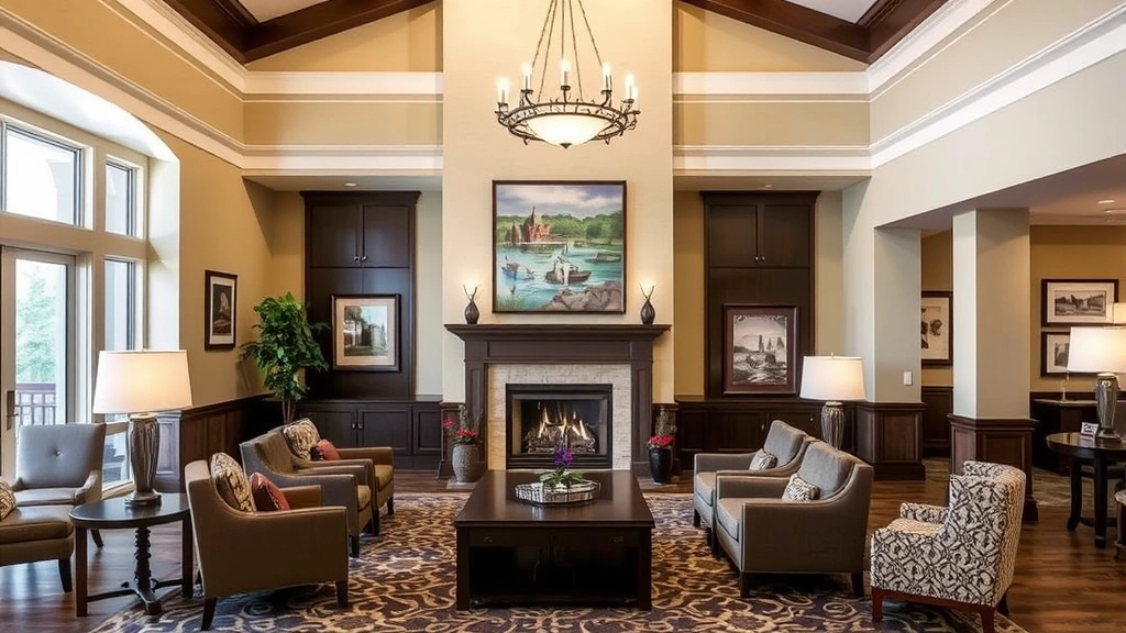 Welcoming hotel lobby interior with local artwork, comfortable seating areas, fireplace, refined hospitality ambiance, Virginia heritage decor elements