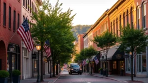 Historic downtown Staunton Virginia streetscape with brick buildings, American flags, and storefronts reflecting warm afternoon light on tree-lined street