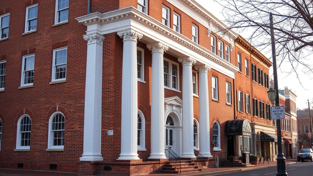Charming historic brick hotel building with white columns and period architectural details in downtown Staunton Virginia street, warm afternoon lighting, well-maintained facade