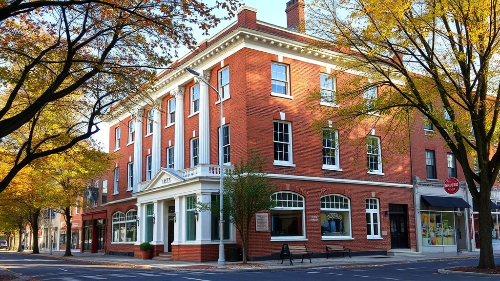 Historic brick hotel building on tree-lined street with white columns and large windows, autumn leaves visible, charming storefront businesses adjacent, clear daylight photography