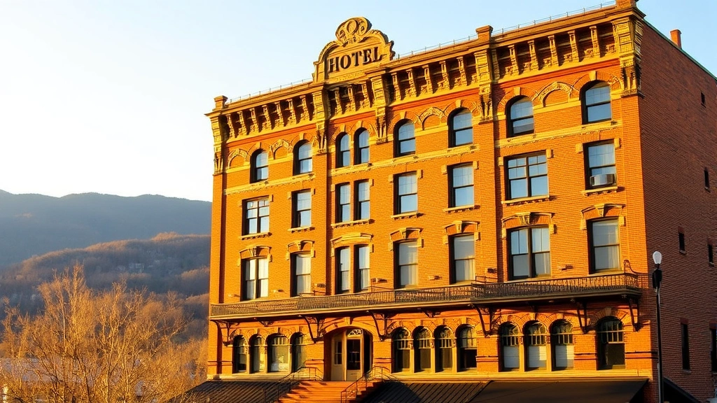 Historic Victorian hotel building with brick facade, tall windows, and ornate architectural details, Shenandoah Valley mountain backdrop, golden afternoon light, no signage or text visible