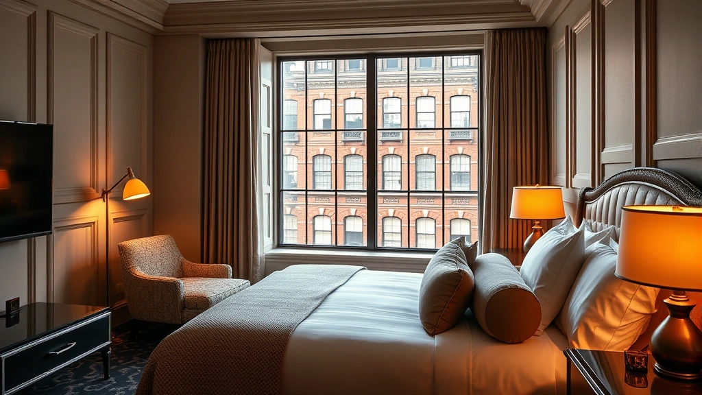 Elegant hotel room interior featuring period architectural details, modern bedding, warm lighting, and window view of historic Virginia architecture
