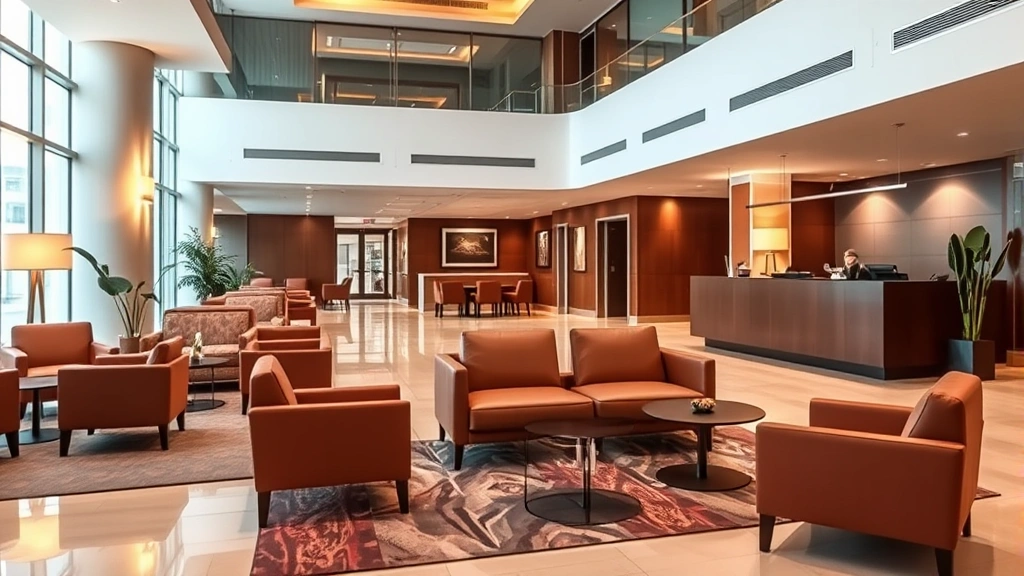 Modern hotel lobby interior with comfortable seating, warm lighting, front desk area, and welcoming hospitality environment, clean contemporary design