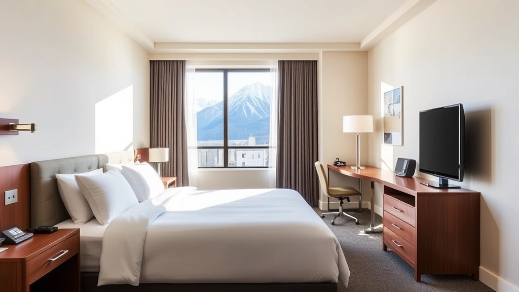 Bright modern hotel room interior with comfortable bedding, desk workspace, large window showing mountain views, contemporary furnishings and neutral color palette