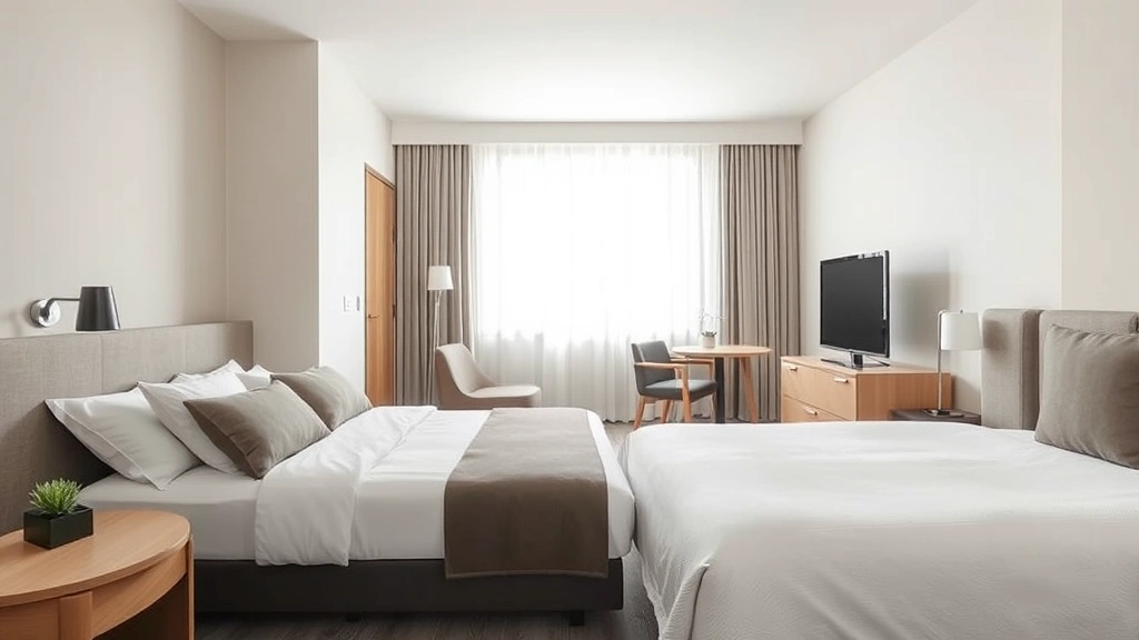 Modern hotel room interior with comfortable bed, neutral tones, contemporary furnishings, natural daylight from window, clean minimalist design, no identifying marks or logos