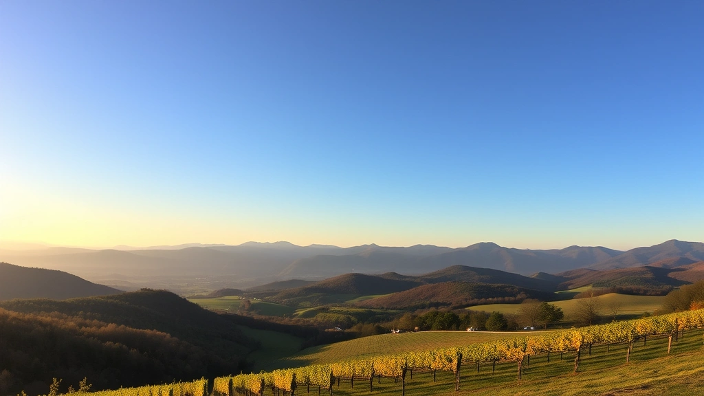 Shenandoah Valley landscape showing rolling mountains, vineyards, and scenic overlooks at golden hour with clear blue sky