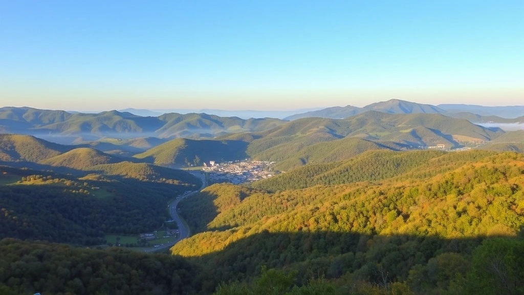 Shenandoah Valley landscape with rolling green mountains and scenic vista, natural beauty surrounding Staunton Virginia region, daytime golden hour lighting