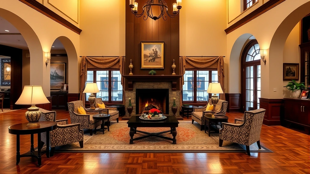 Hotel lobby area with elegant seating arrangement, fireplace, hardwood floors, warm lighting, tasteful décor reflecting regional heritage and colonial architecture themes