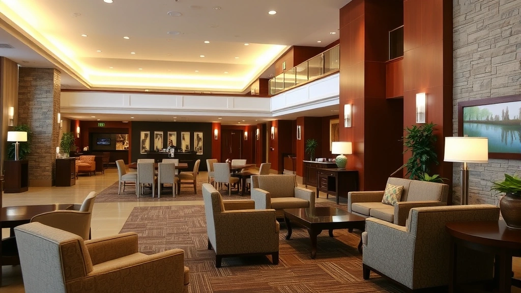 Hotel lobby or common area with comfortable seating, warm lighting, professional but welcoming atmosphere, wooden and stone architectural elements, empty of people, no text or signage
