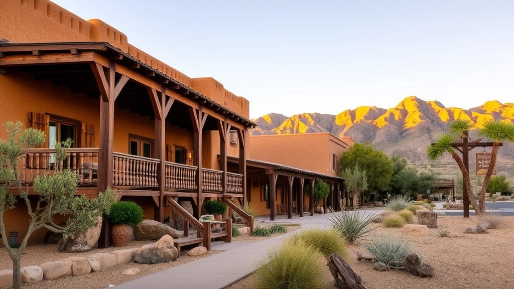 Exterior view of a rustic adobe-style hotel building with wooden porch railings and desert landscaping, golden hour lighting, mountains in background, authentic Western architecture