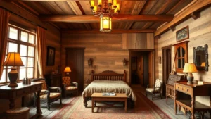 Rustic Old West hotel room interior with period furnishings, wooden beams, lantern lighting, and authentic 1880s decor—no text, no room numbers, photorealistic desert Southwest aesthetic