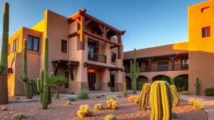 Rustic Southwestern hotel exterior with adobe-style walls, wooden beam architecture, and desert landscaping with cacti and natural lighting at golden hour