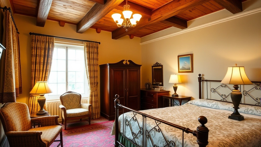 Cozy hotel bedroom interior with period-appropriate furniture, vintage lamp on nightstand, patterned bedspread, wooden beams visible on ceiling, warm ambient lighting