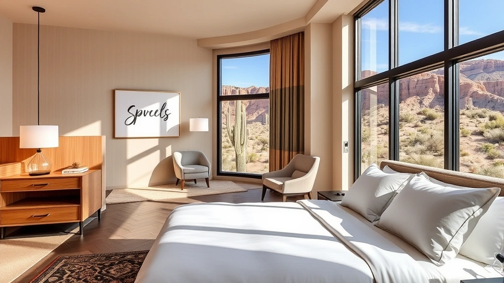 Modern hotel room with contemporary comfort features, clean lines, large windows showing desert landscape, comfortable bedding, and Southwestern design elements—no signage or text visible