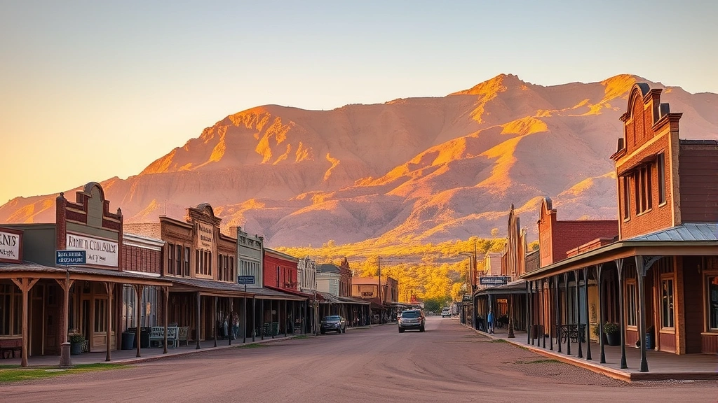 Tombstone Arizona historic downtown street at golden hour, featuring period buildings, dirt road, desert mountains in background, warm sunset lighting—no visible text, addresses, or building numbers