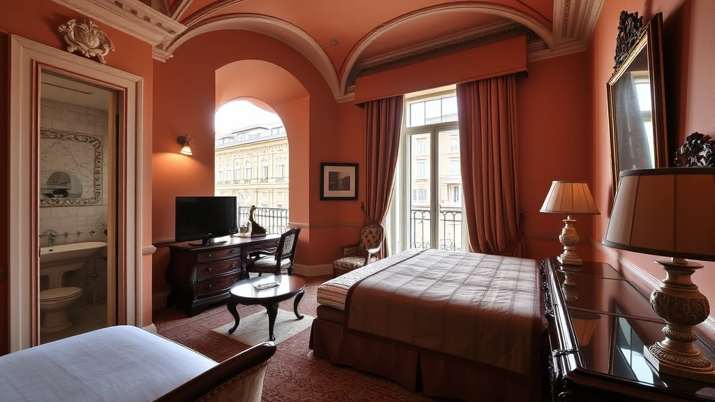Elegant hotel room with traditional Roman decor featuring warm terracotta tones, ornate furniture, marble bathroom visible, arched ceiling details, and soft natural light from window overlooking historic buildings