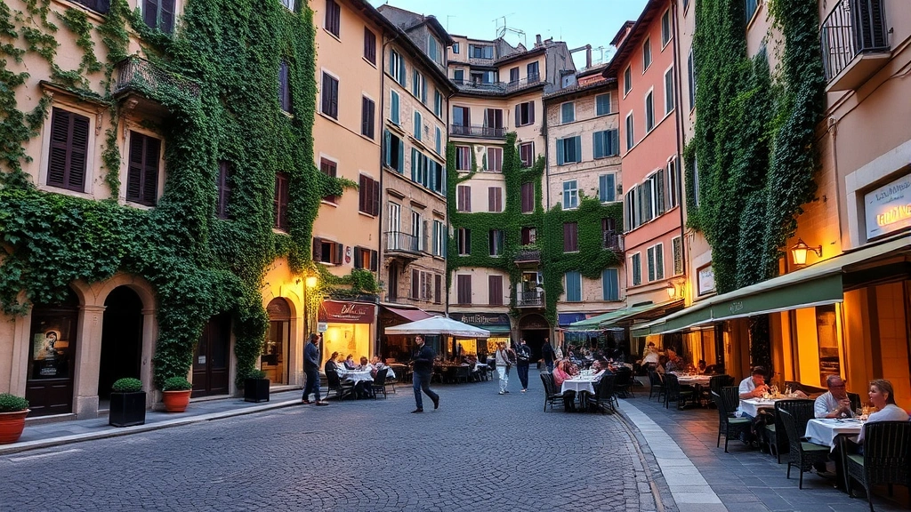 Charming Trastevere street scene showing ivy-covered historic buildings, cobblestone plaza, outdoor restaurant seating with diners, warm evening lighting, no signage or text visible, authentic neighborhood atmosphere