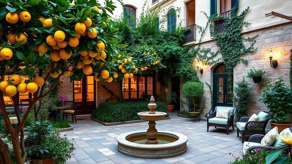Hotel courtyard garden with lemon trees, flowering plants, fountain, comfortable seating areas, ivy-covered stone walls, romantic lighting, Mediterranean architectural elements, peaceful retreat space