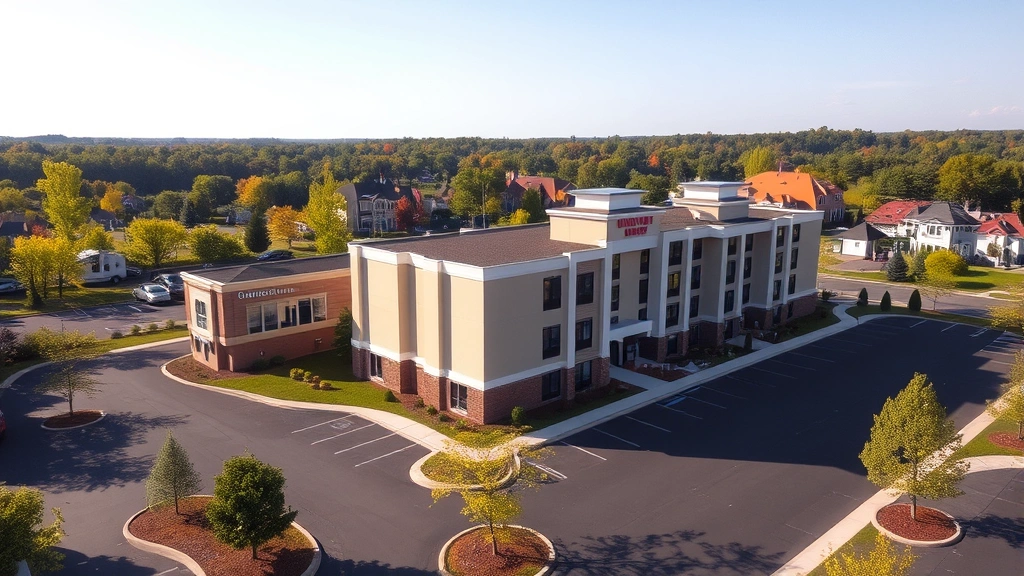 Aerial view of modern hotel exterior with contemporary architecture, manicured landscaping, parking lot, and surrounding Connecticut trees and residential buildings in daylight