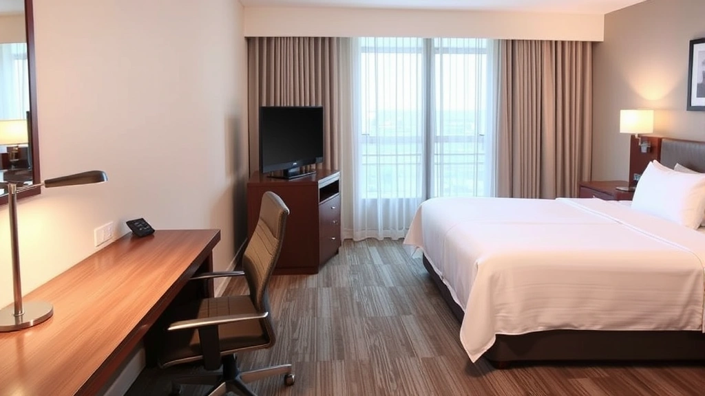 Modern hotel room with clean linens, comfortable bed, work desk with ergonomic chair, flat-screen television, and contemporary neutral-toned furnishings