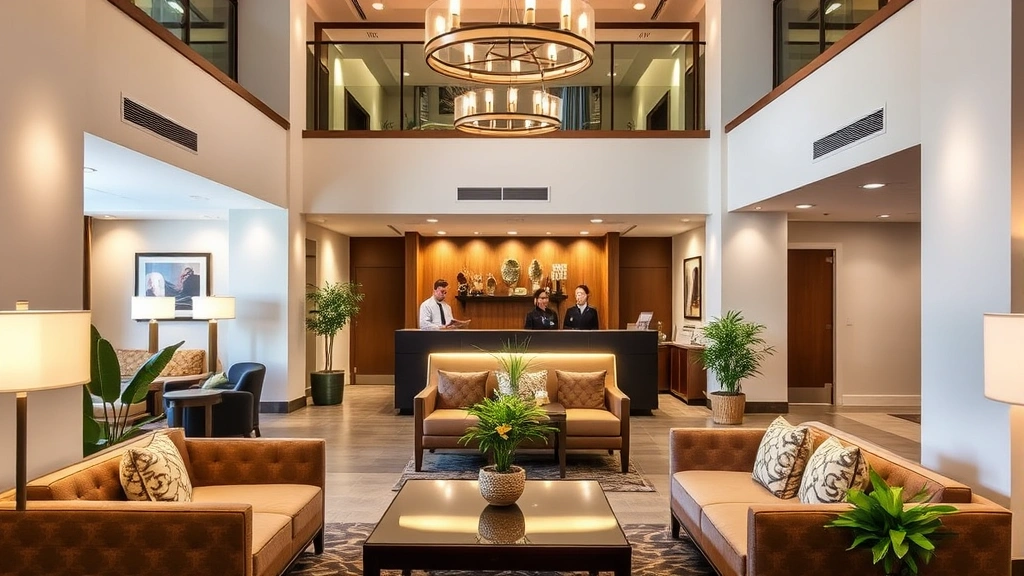 Welcoming hotel lobby with comfortable seating areas, modern decor, ambient lighting, potted plants, and professional front desk staff assisting guests