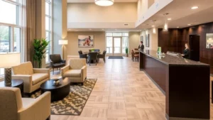 Modern hotel lobby in Wentzville with contemporary furnishings, comfortable seating areas, and welcoming reception desk with professional staff