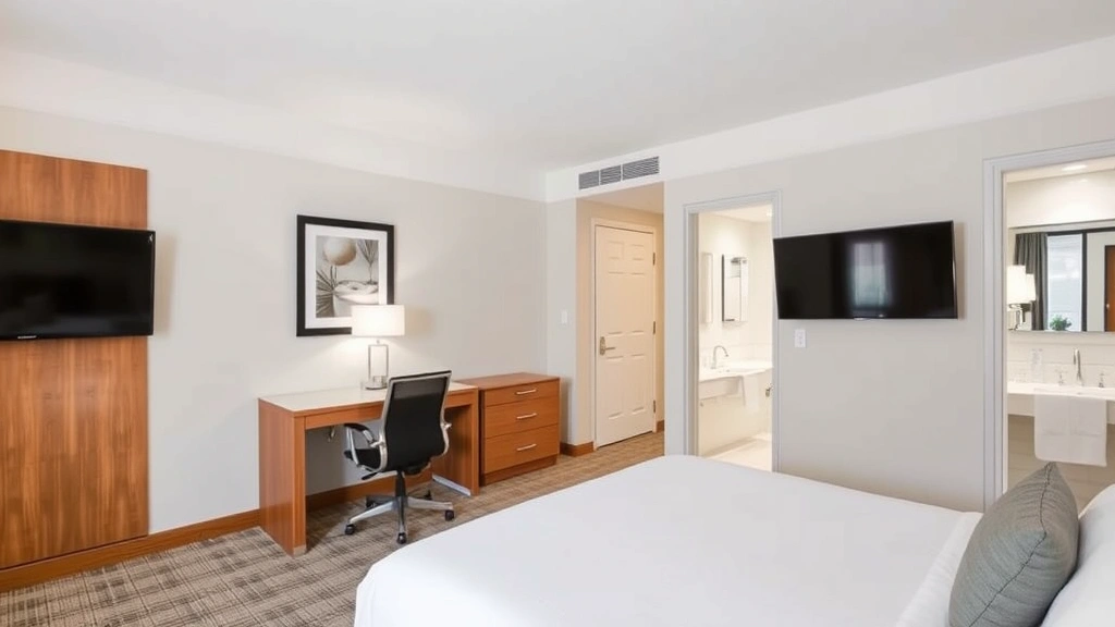 Spacious hotel bedroom with king bed, work desk with ergonomic chair, flat-screen television, and clean ensuite bathroom with modern fixtures