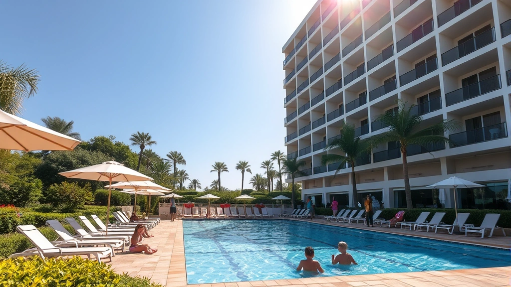 Hotel pool area with lounge chairs, umbrella coverings, surrounding landscape, and families enjoying recreational facilities in afternoon sunlight