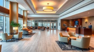 Modern hotel lobby in Westfield Indiana with contemporary furnishings, warm lighting, comfortable seating areas, and professional reception desk, photorealistic daylight