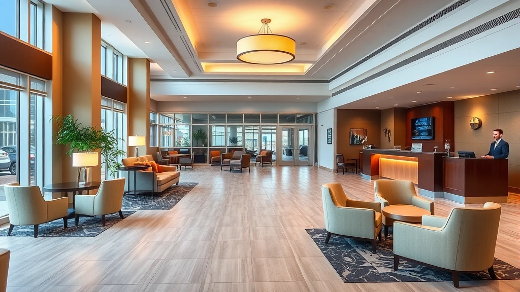 Modern hotel lobby in Westfield Indiana with contemporary furnishings, warm lighting, comfortable seating areas, and professional reception desk, photorealistic daylight
