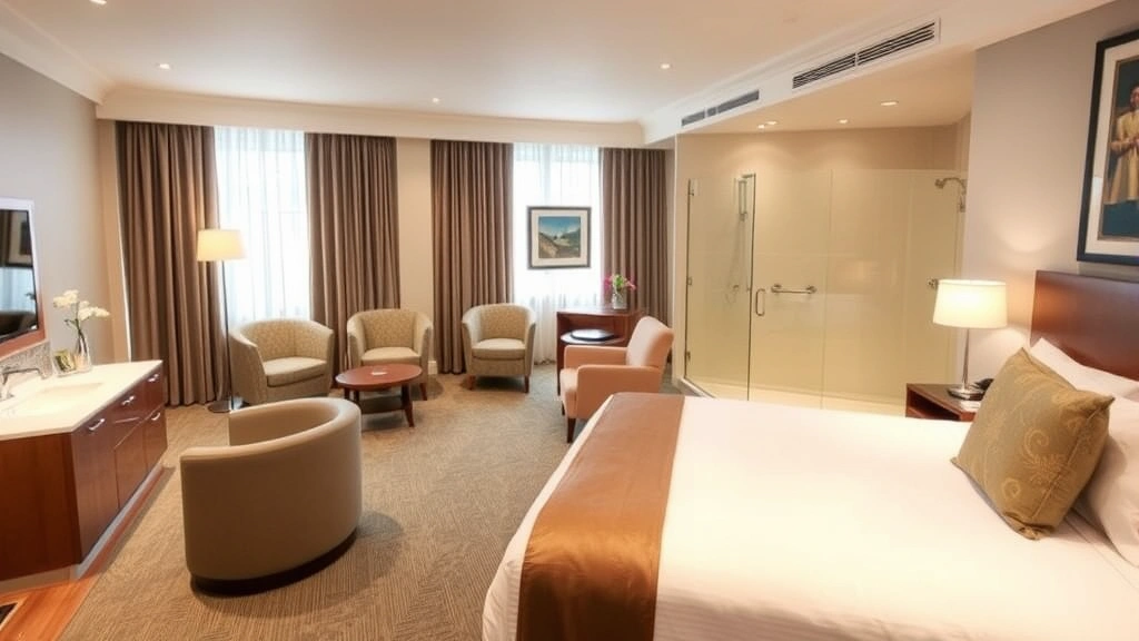 Spacious family hotel room with king bed, comfortable seating, modern bathroom with walk-in shower, contemporary decor, bright natural lighting from windows