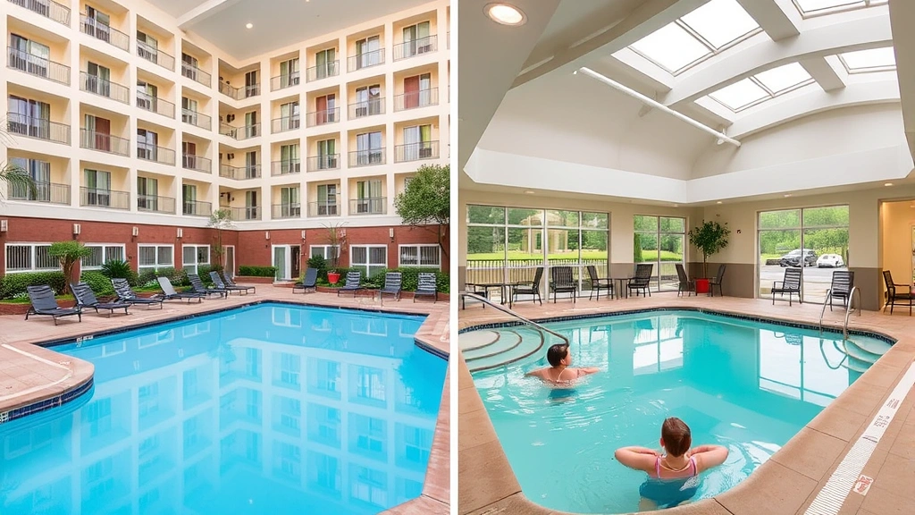 Hotel swimming pool area surrounded by lounge chairs and landscaping, indoor pool facility with skylights, wellness environment, family-friendly recreational space