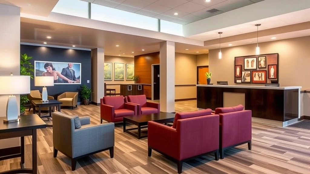 Modern hotel lobby in Longview Texas with comfortable seating area, professional front desk, warm lighting, contemporary furnishings, welcoming atmosphere for business and leisure guests